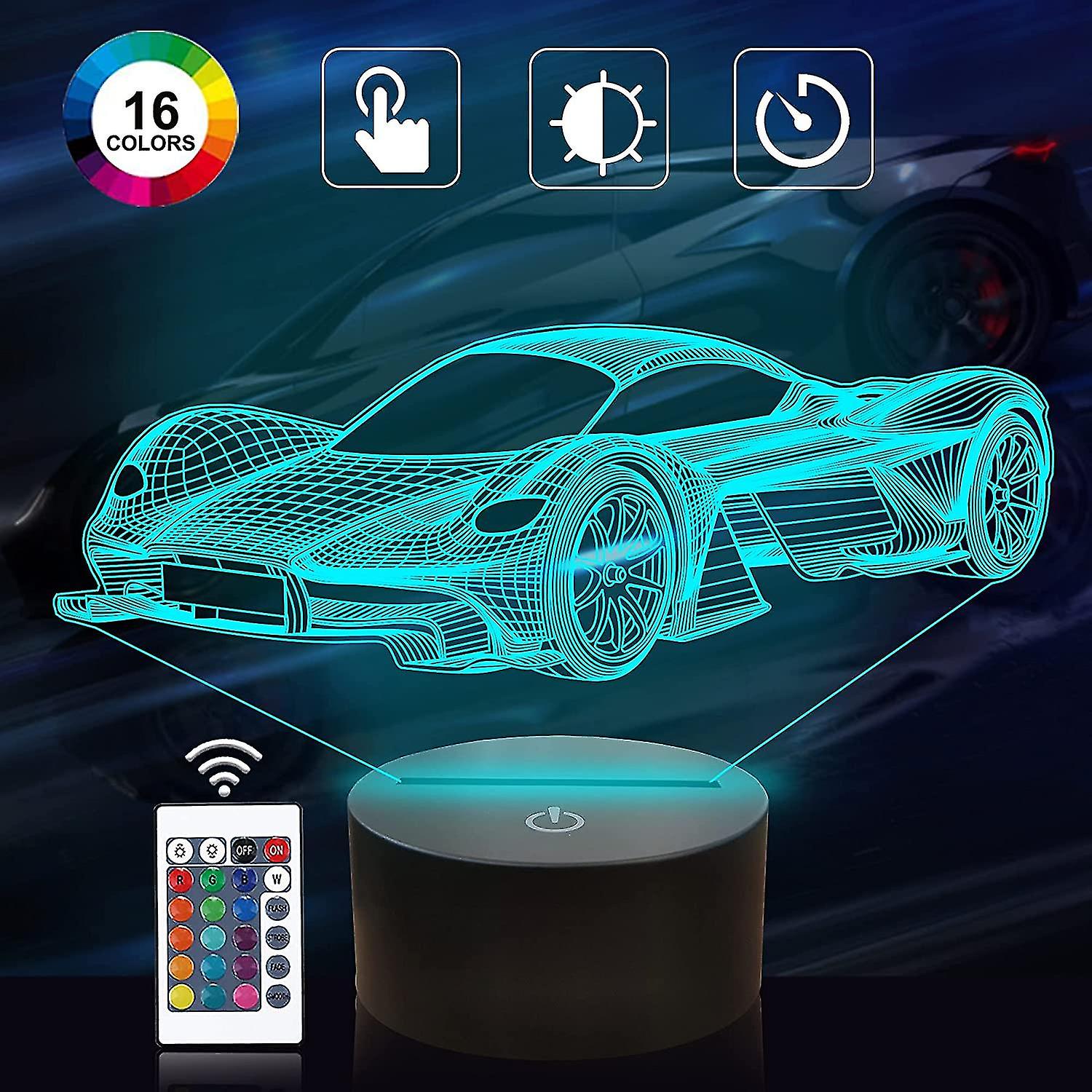 Kid's Car 3d Night Light， Sports Racing Illusion Optical Bedside Lamp 16 Colors Changing