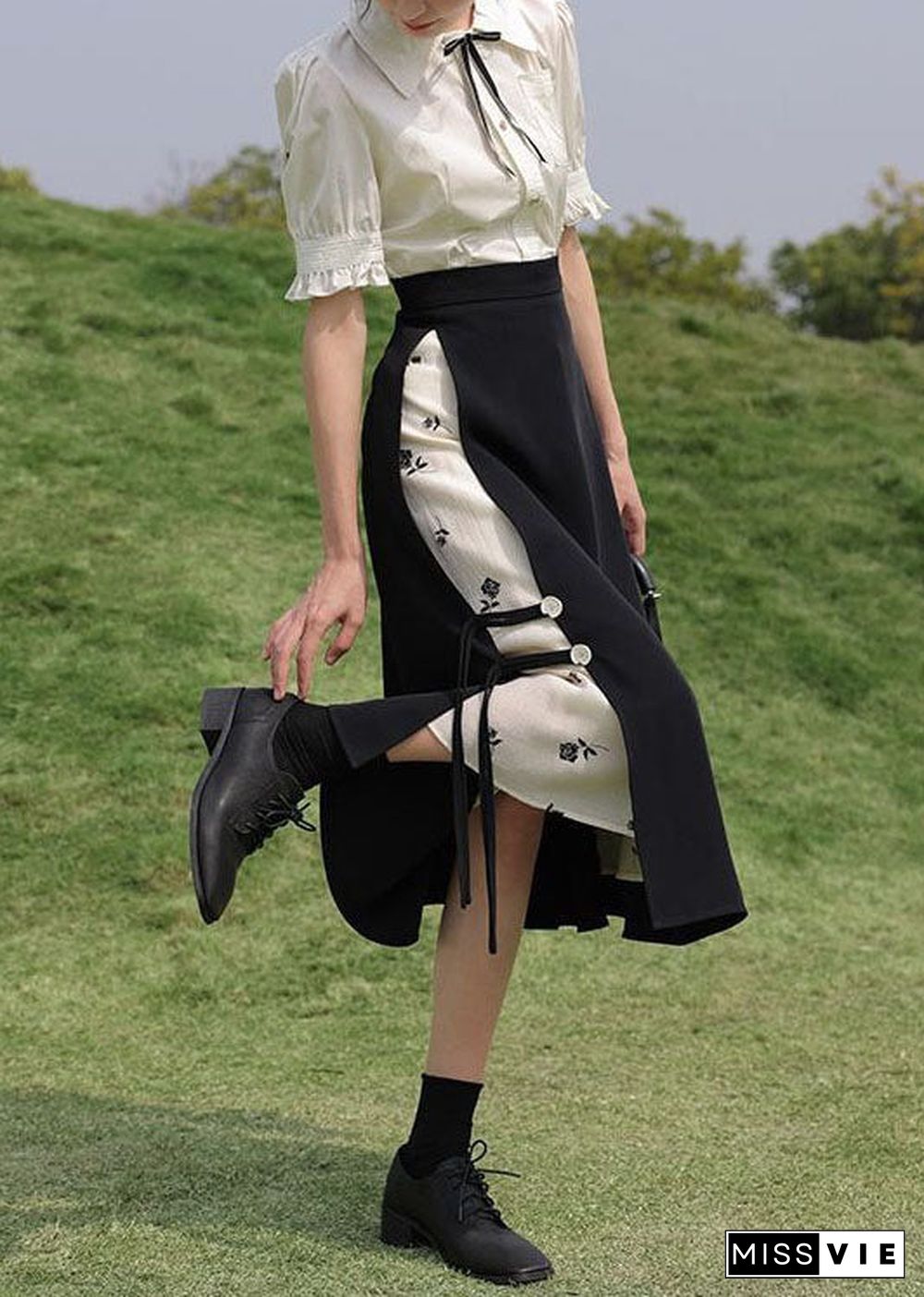 Chinese Style Black Patchwork Side Open Chiffon Skirt Summer