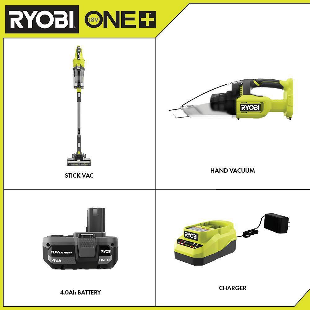 RYOBI ONE+ 18V Cordless Stick Vacuum Cleaner Kit w 4.0 Ah Battery Charger  ONE+ 18V Cordless Multi-Surface Handheld Vacuum PCL720K-PCL705B