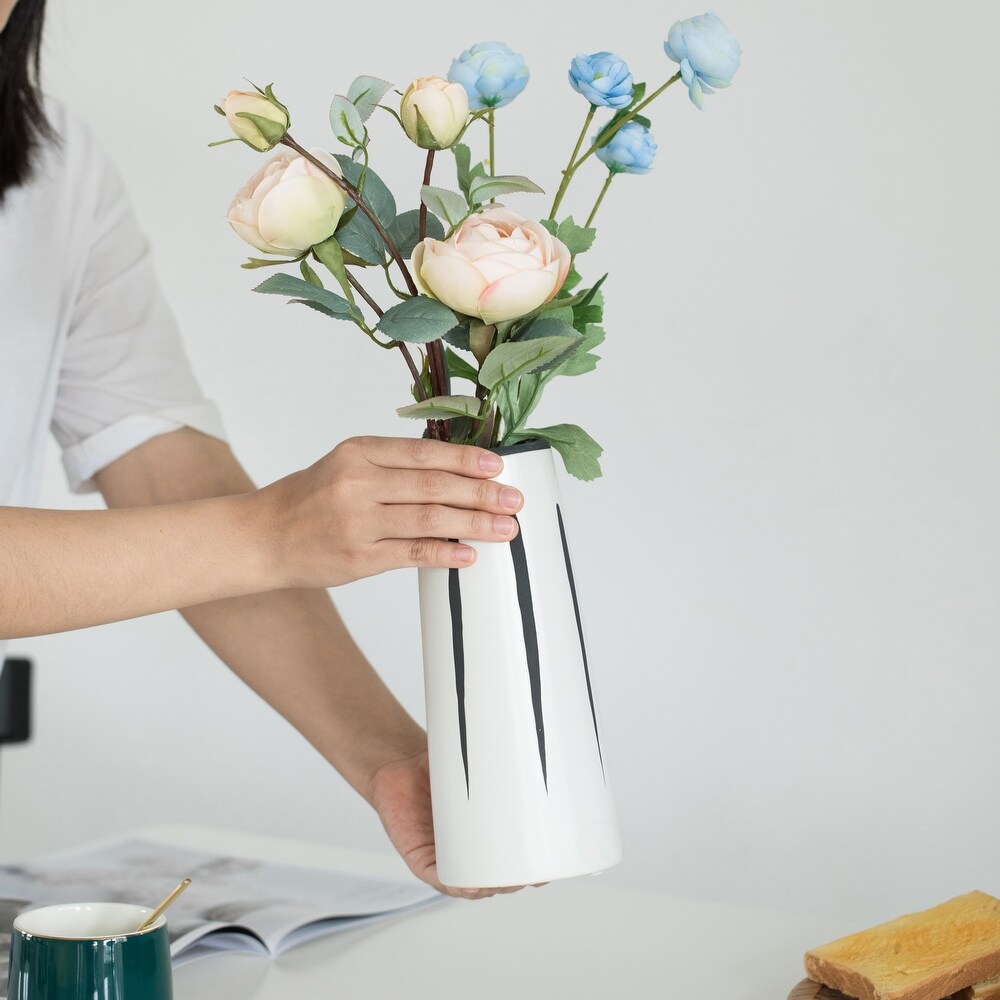 Ceramic Modern Painted Brushstrokes Tapered Flower Table Vase  Black and White