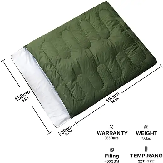 4 Seasons Ultralight Thermal Camping Hunting Double Slicing Envelope Wide Rectangular Sleeping Bag Green Warm Weather 1pcs