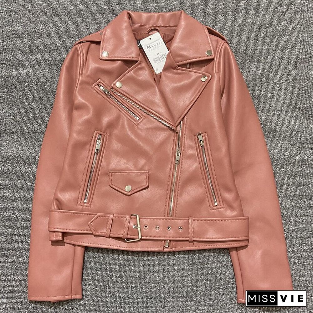 Spring Autumn Women Faux Leather Jacket Ladies Solid With Belt Zipper Biker Coat Female Casual Outwear