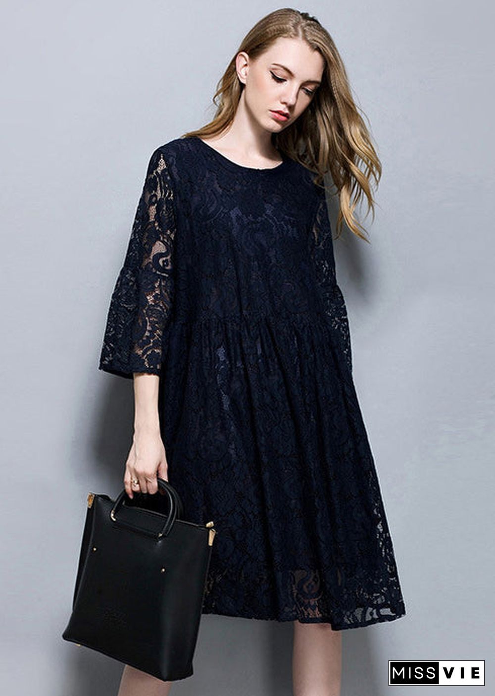 Navy Patchwork Lace A Line Dress O-Neck Oversized Summer