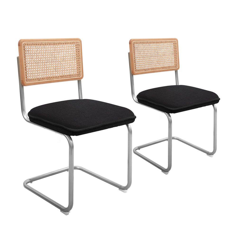 Black Accent Rattan Kitchen Armless Mesh Back Cane Upholstered Velvet Dining Chairs with Metal Chrome Legs (Set of 2) CL-191535