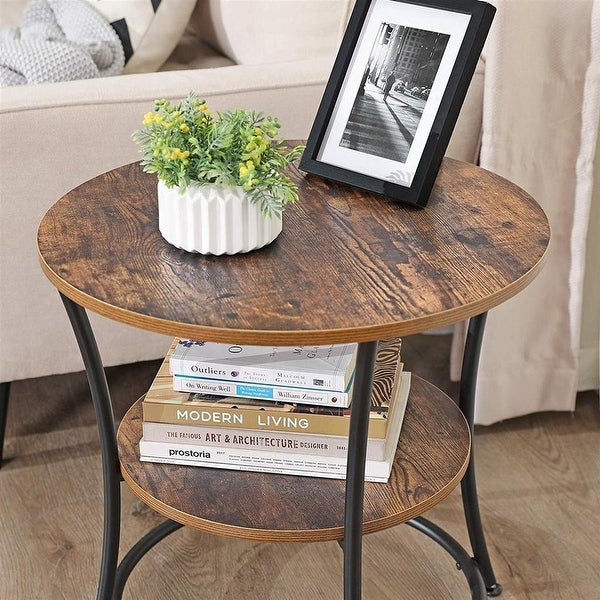 Side Table， Round End Table with 2 Shelves， Living Room， Bedroom， Easy Assembly， Metal， Industrial Design， Rustic Brown