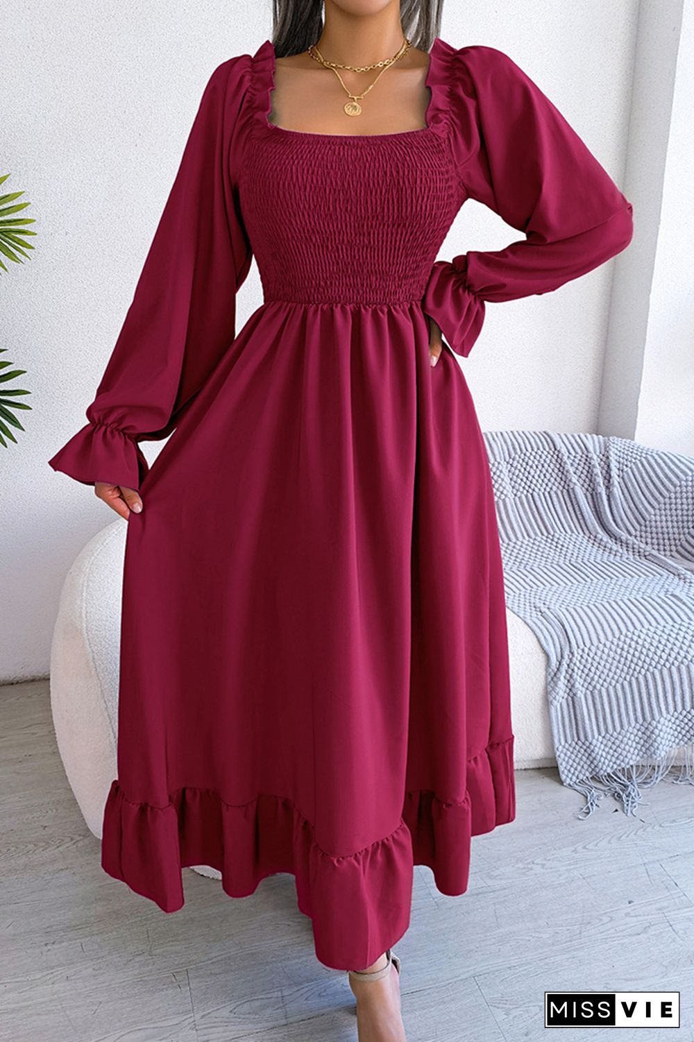 Plain Square Neck Smocked Top Maxi Dress