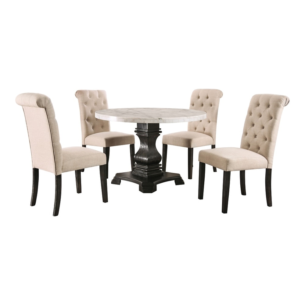 Brec Rustic Marble Top 5 Piece Round Dining Table Set with Tufted Chairs by Furniture of America