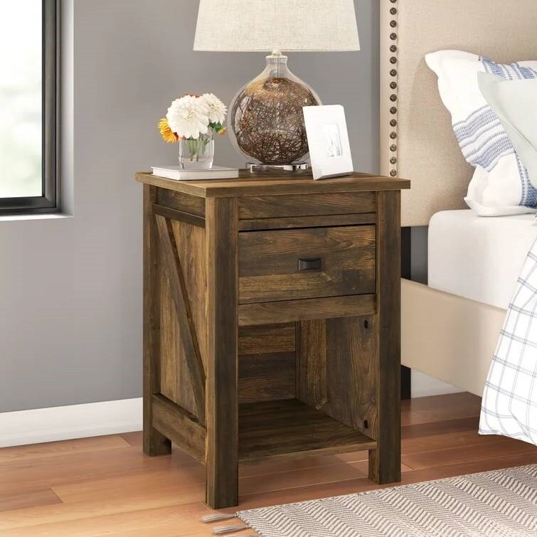 Farmhouse 1 Drawer Bedroom Nightstand with Open Shelf