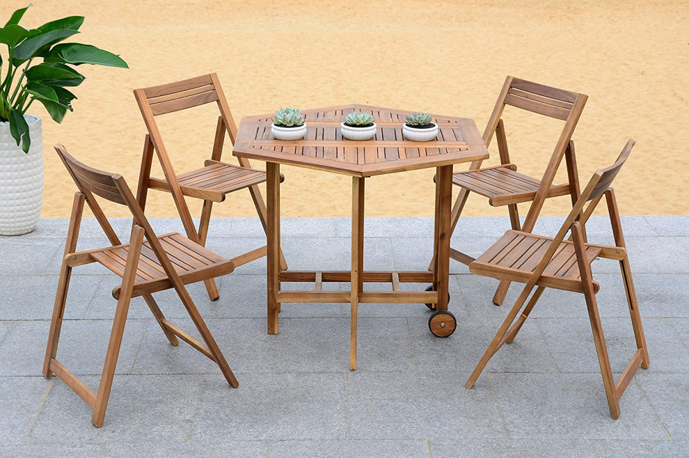 5 Pieces Outdoor Dining Set  Folding Design With Slatted Details   Transitional   Outdoor Dining Sets   by Decor Love  Houzz