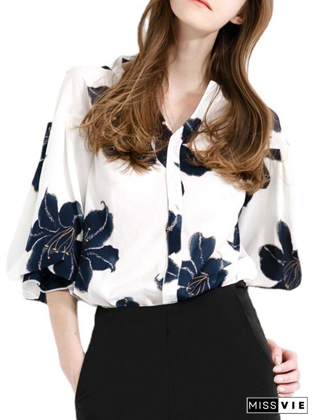 Loose Contrast Color Flower Print V-neck Blouses&shirts Tops