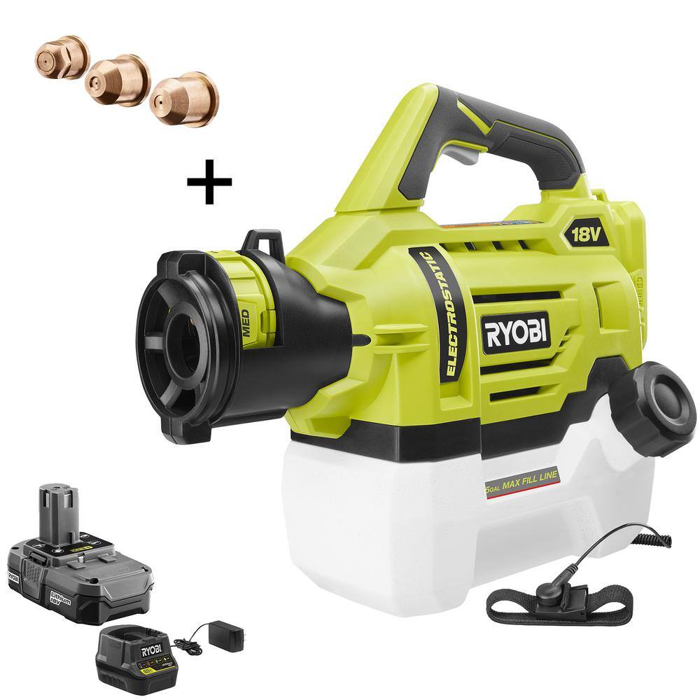 RYOBI ONE+ 18V Cordless Electrostatic 0.5 Gal. Sprayer with Extra LowMediumHigh Nozzles with 2.0 Ah Battery and Charger P2890-A12