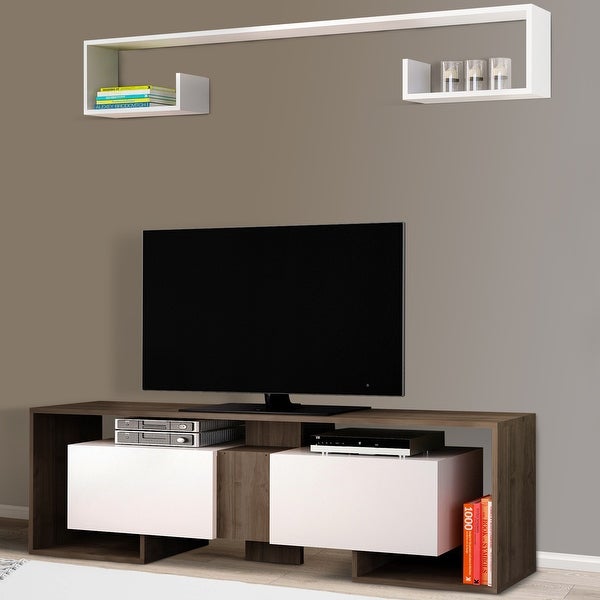 71 Inch Wooden TV Console Entertainment Media Center， 2 Piece Set， Wall Mounted Floating Shelf， White， Brown