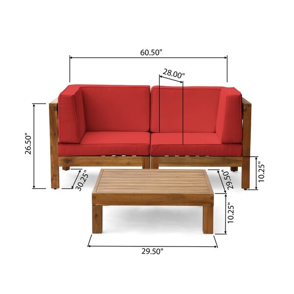 Oana Outdoor 2Seater Acacia Wood Sectional Loveseat and Coffee Table Set with Cushions by Christopher Knight Home