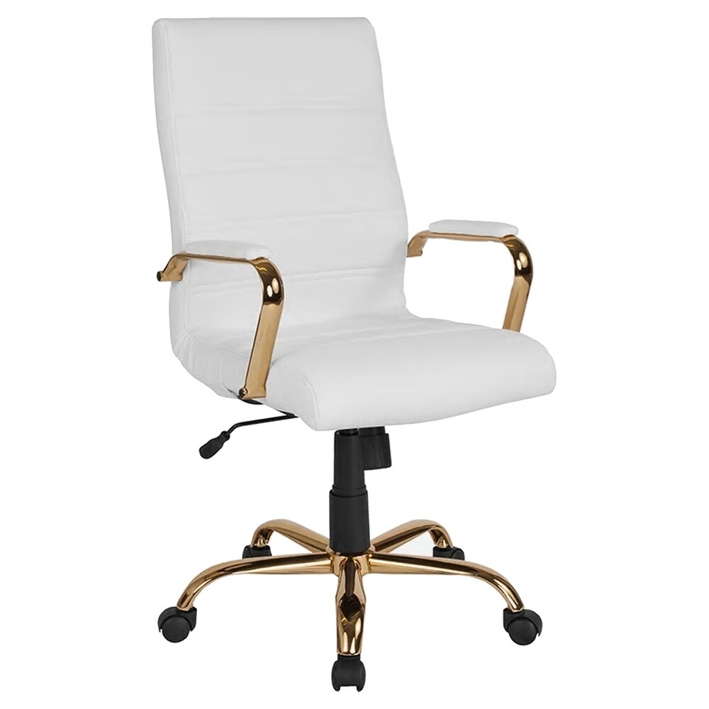 Galaxy High Back Horizontal Stitching White Leather Executive Adjustable Swivel Office Chair with Gold Frame