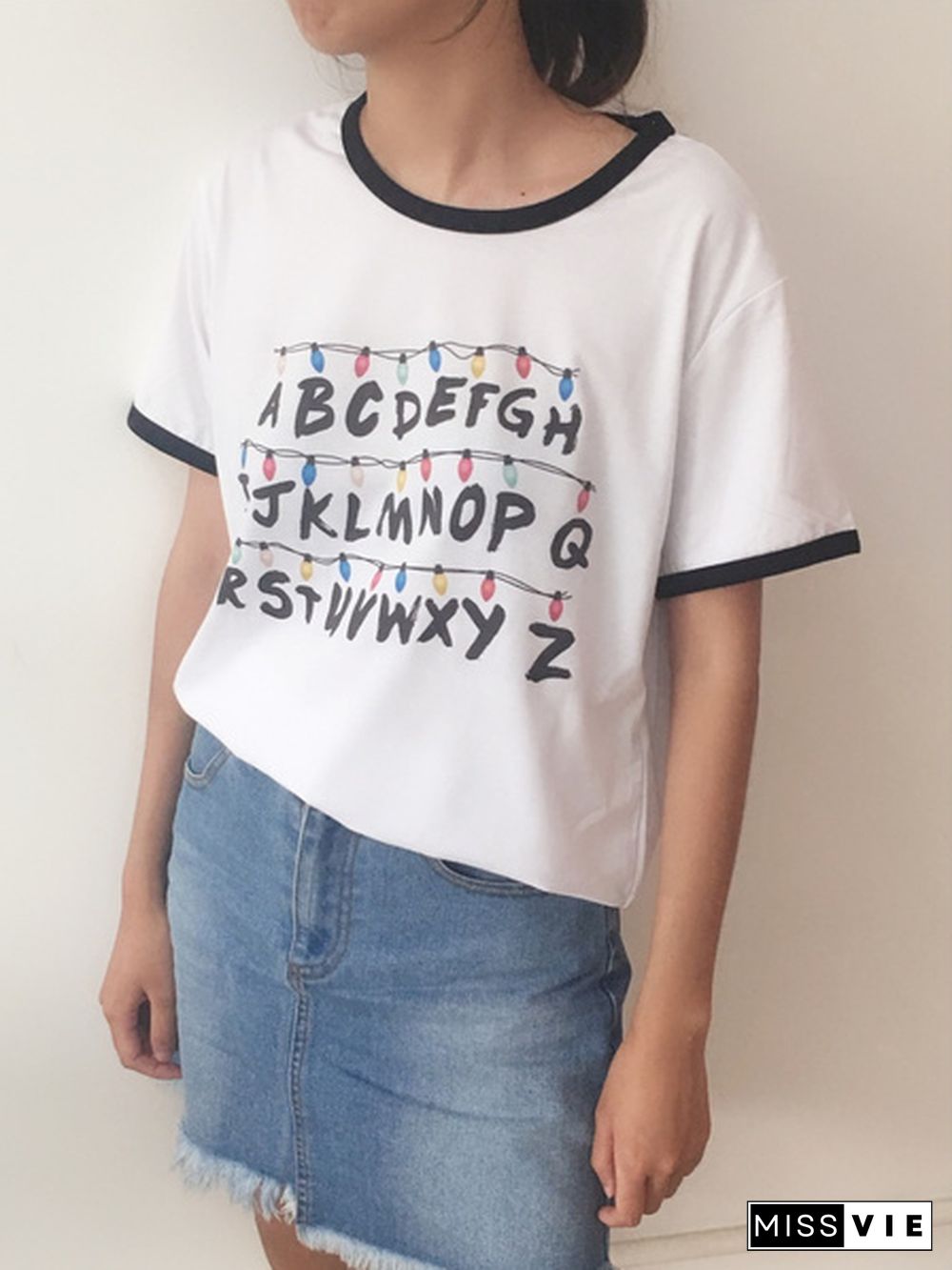 Stranger Things T-Shirt Harajuku Abc Letter Print New Tshirt Women Summer Cotton Tops Tees Streetwear Ladies Loose T Shirt