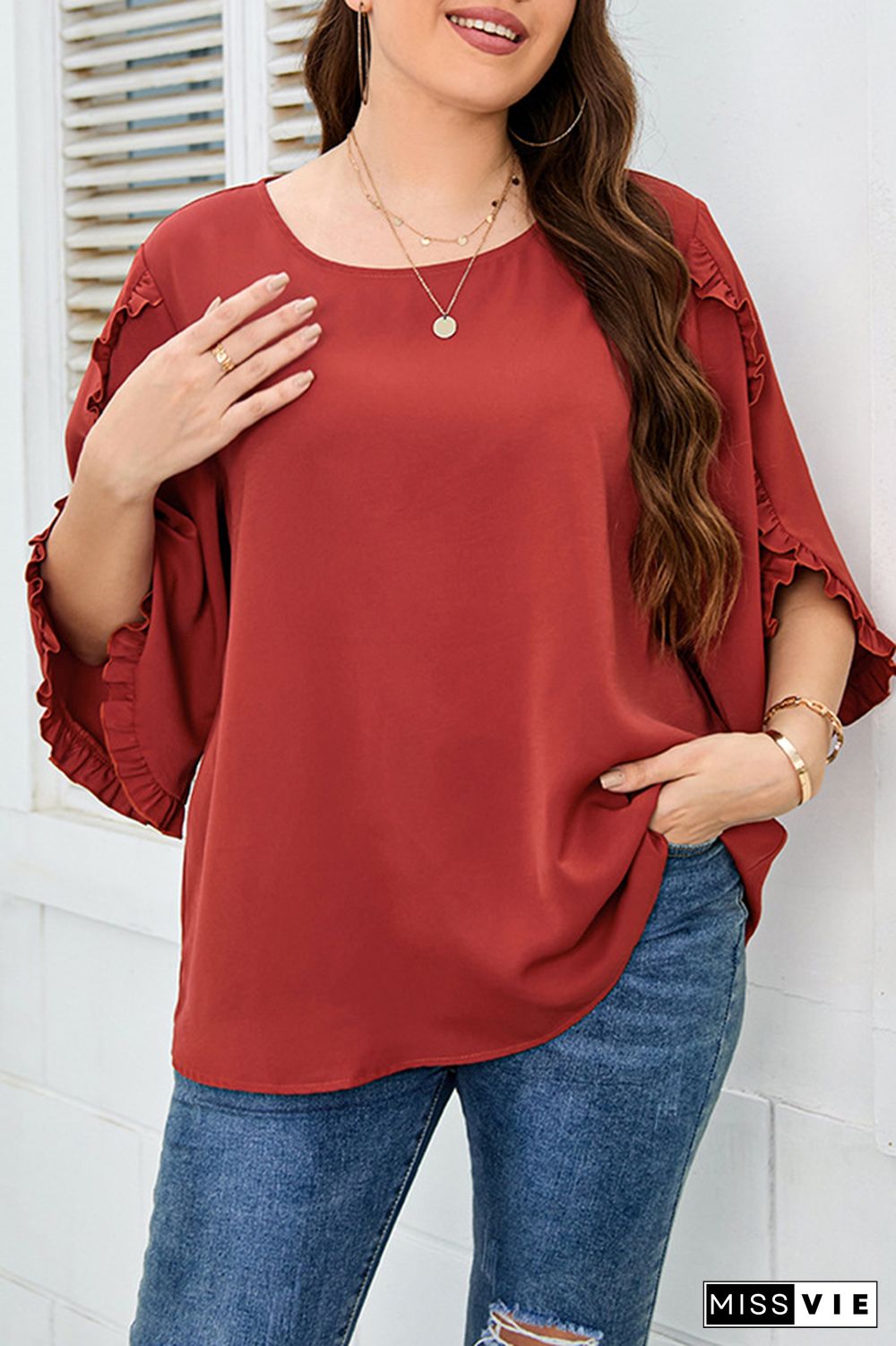 Red Split Flare Ruffle Sleeves Plus Size Top