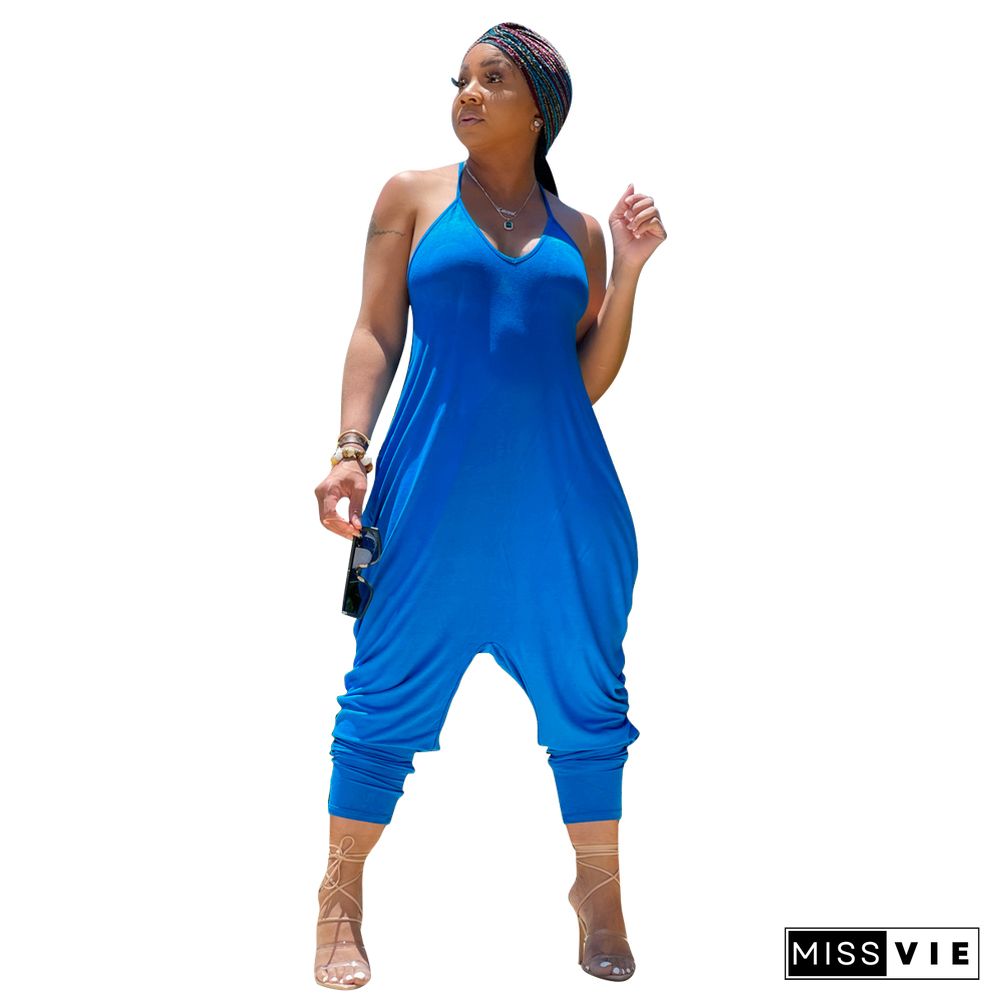 V Neck Sleeveless Solid One Piece Harem Jumpsuits