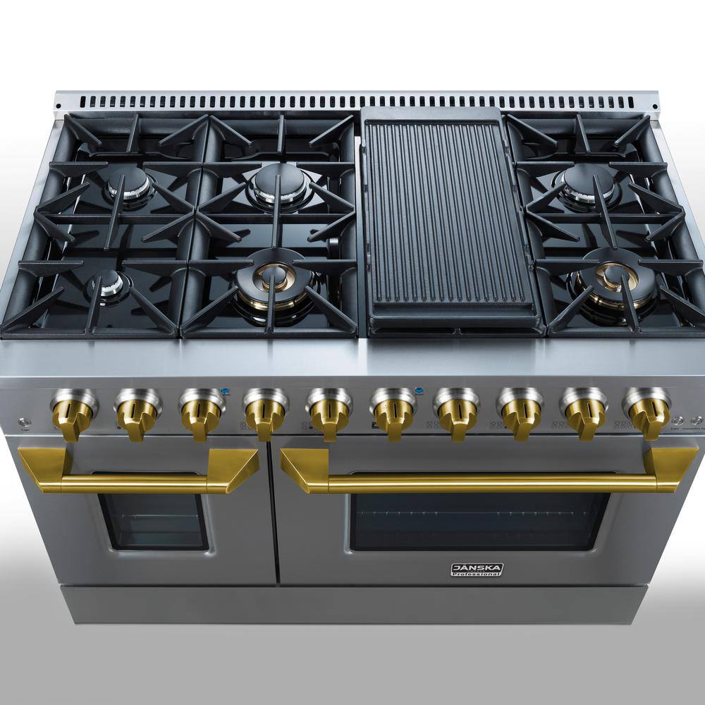 JANSKA Professional 48 in. 6.7 cu. ft. 8-Burners Double Oven Gas Range w Griddle in Stainless Steel with Gold Knobs and Handle GR-670 G