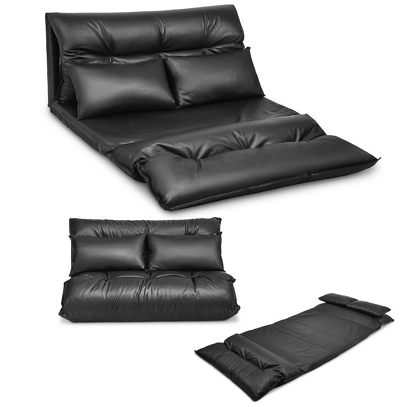 Foldable PU Leather Leisure Floor Sofa Bed with 2 Pillows-Black