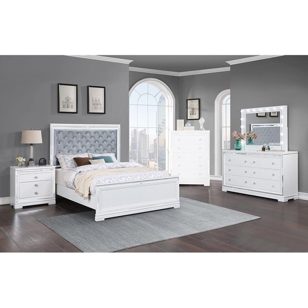 Upholstered Eastern King Bedroom Set in Silver and White - - 36135708