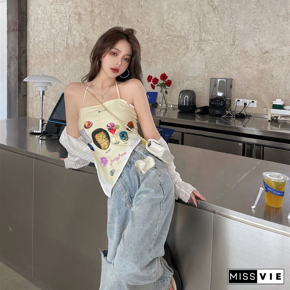 Cropped Camis Print Backless Sexy Summer Holiday Irregular Ladies Tops Elegant Sweet Lovely Korean Style Stylish Prevalent Chic