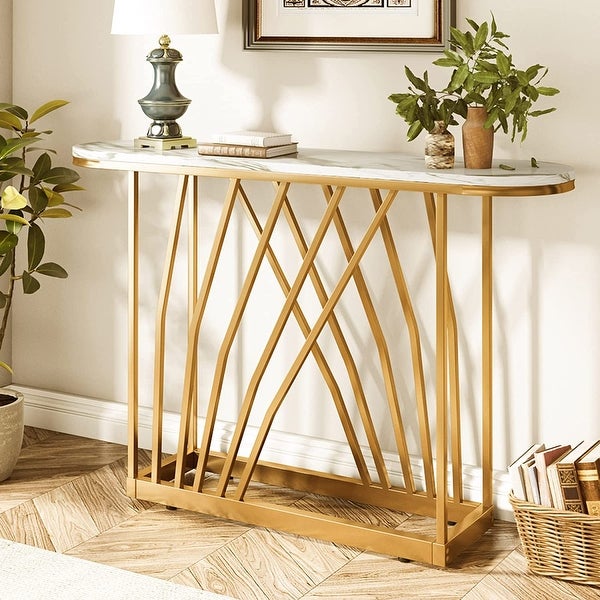 Luxurious Gold Console Table， Faux White Marble and Metal