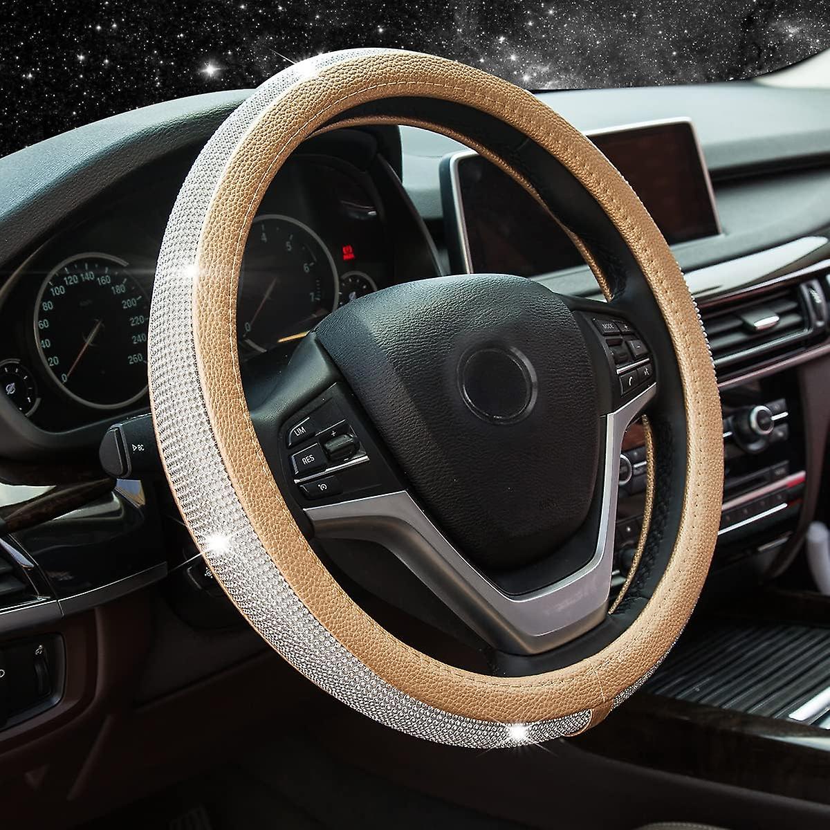 New Diamond Leather Steering Wheel Cover With Bling Bling Crystal Rhinestones， Universal Fit 15 Inch Anti-slip Wheel Protector For Women Girls，gold