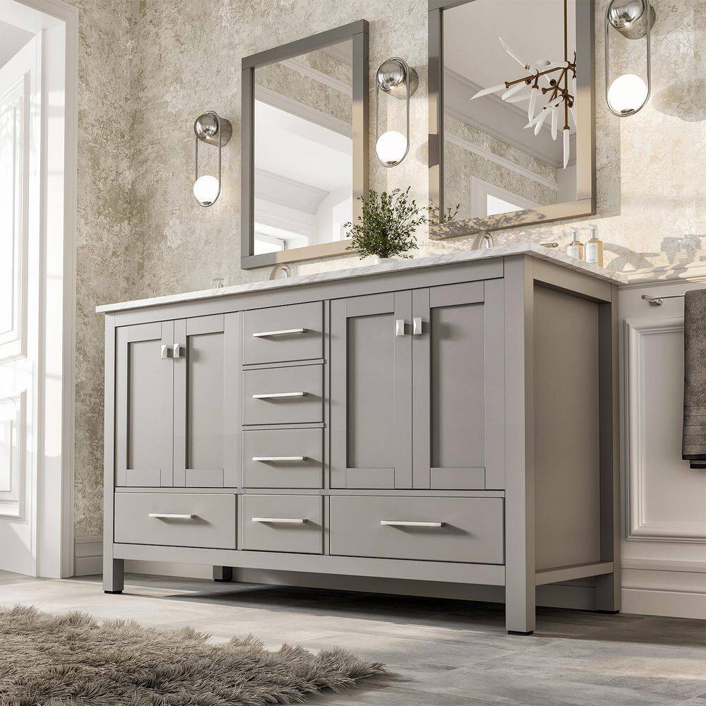 Eviva Aberdeen 60 in. W x 22 in. D x 35 in. H Double Bath Vanity in Gray with White Carrara Marble Top with White Sinks EVVN412-60GR