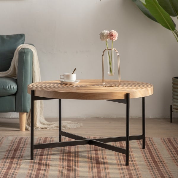 Modern Thread Design Round Coffee Table with Concentric Circular Pattern， MDF Table Top with Cross Legs Metal Base