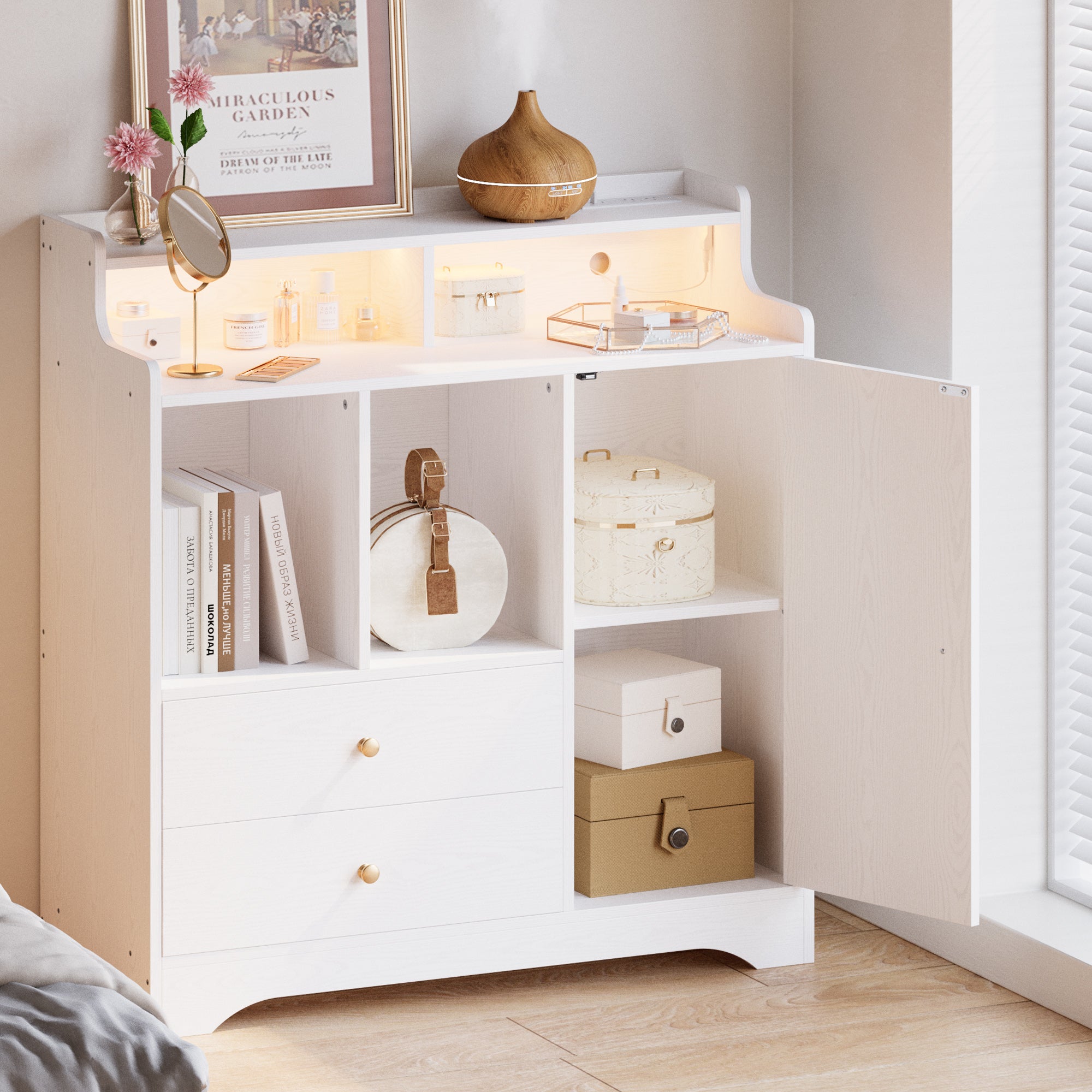 Sideboard with Drawers, Storage Cabinet with Led Lights and Power Sockets for Kitchen, Dining Room