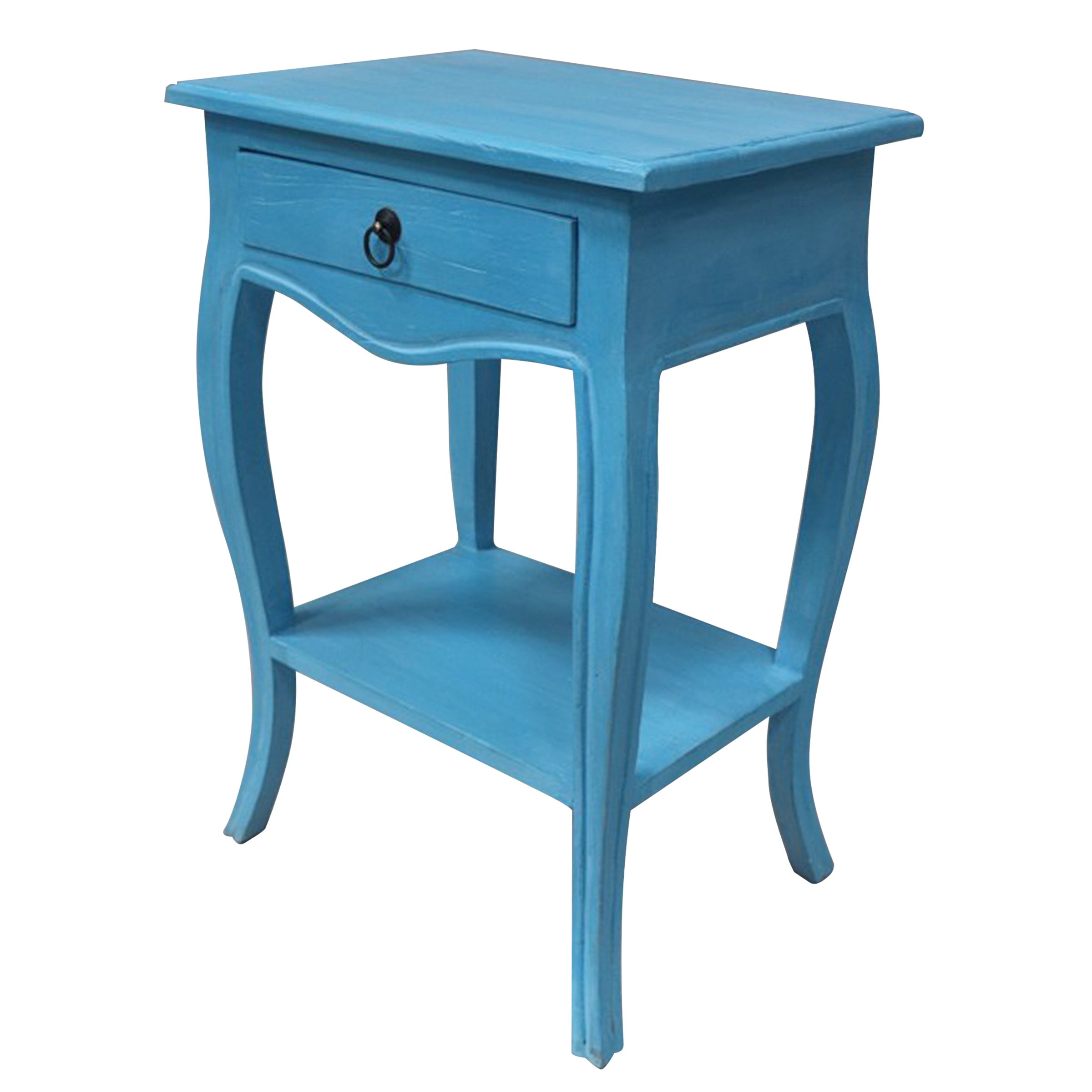 Paris - Side Table With A Single Drawer And Shelf - Solid Mindy Wood - Natural Wood Finish - Antique Blue Finish