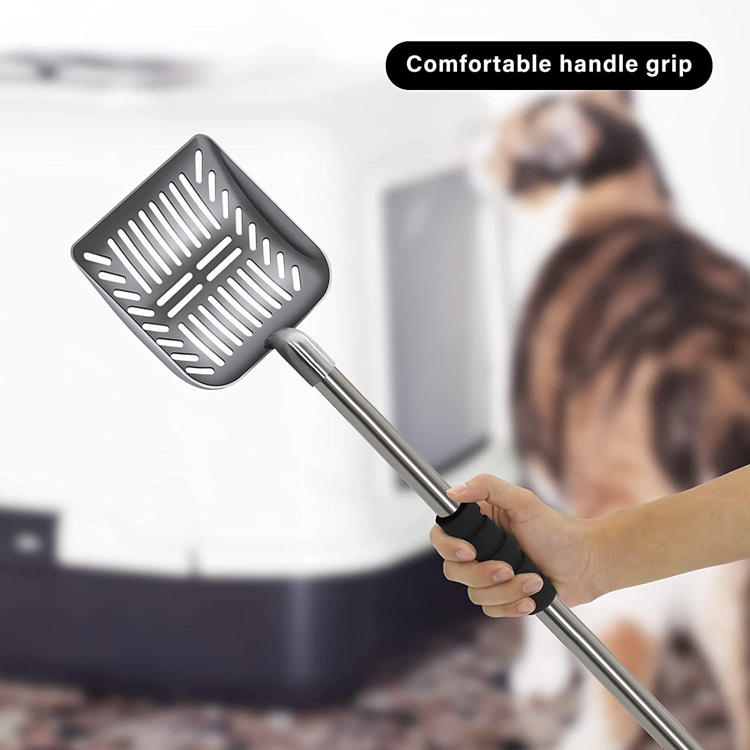 FunChaos Metal Cat Litter Scoop， Detachable Extensible Long Stainless Steel Handle and Deep Shovel， Non-Stick Litter Scoop for Kitty Cat Pet Poop