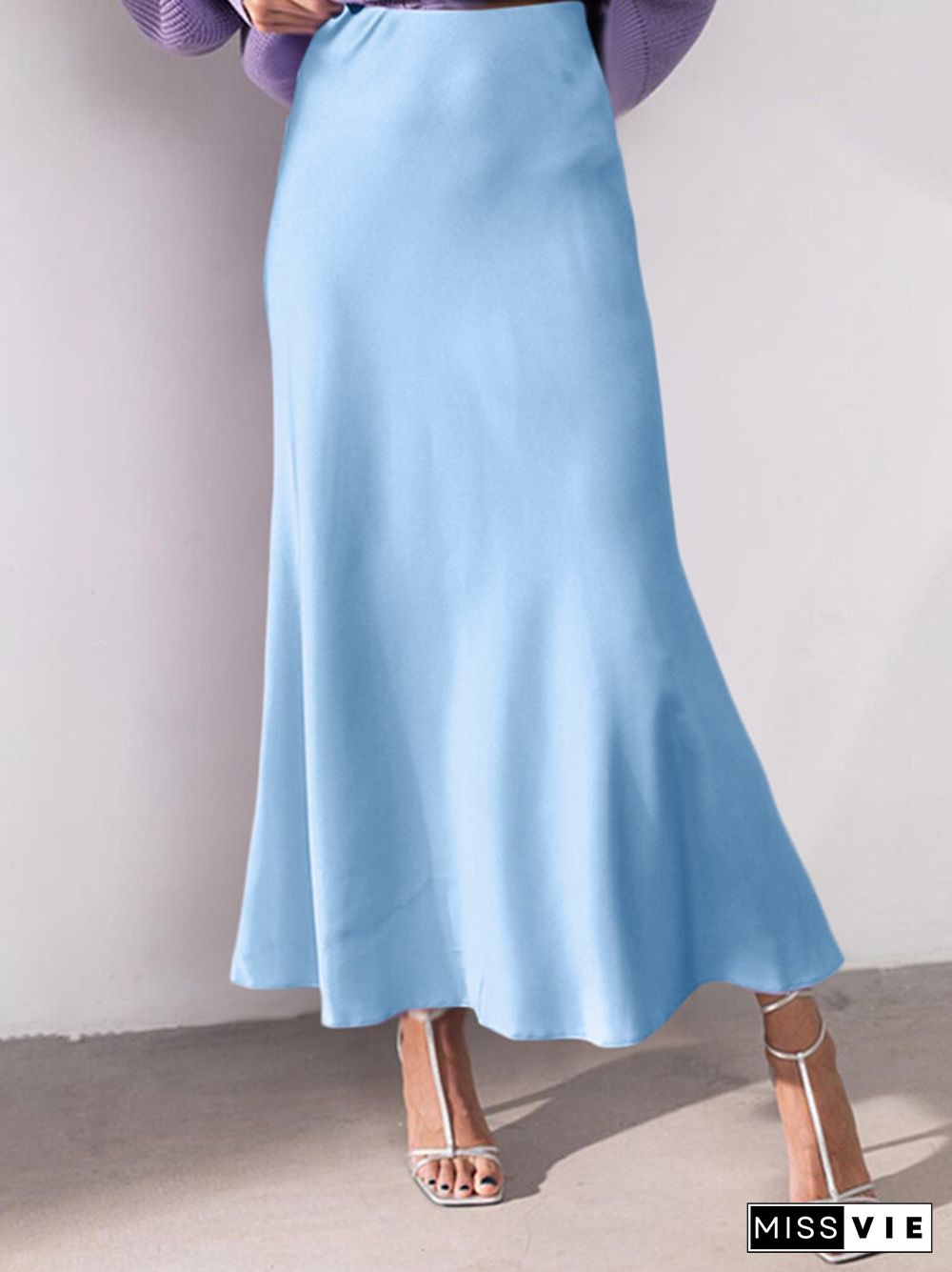 Solid Color Ruched Ankle Length High Waist Skirt