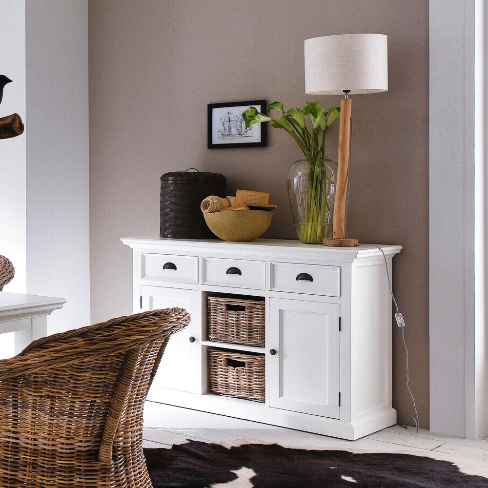 NovaSolo Halifax Coastal White Buffet with 2 Baskets  Solid Mahogany Frame  49.21 x 19.69 x 33.46   49.21 x 19.69 x 33.46