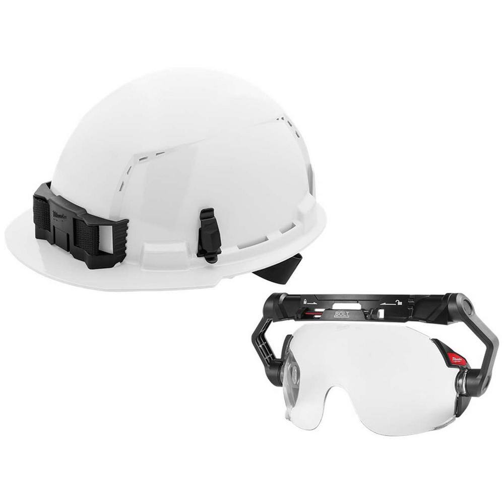 MW BOLT White Type 1 Class C Front Brim Vented Hard Hat with 4 Point Ratcheting Suspension with Dual Coat Lens Eye Visor 48-73-1200-48-73-1410