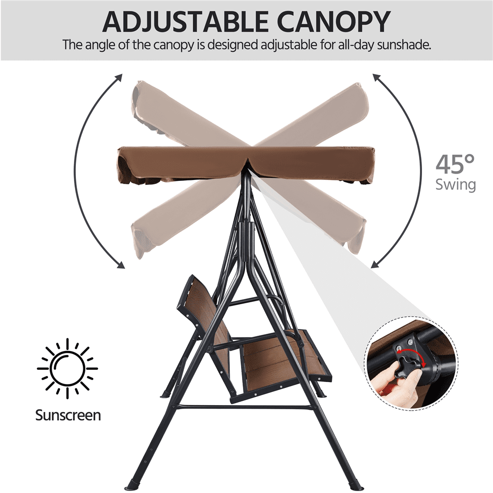 Topeakmart 3-Seat Outdoor Patio Metal Frame Swing Chair with Texteline Fabric Seats/Adjustable Canopy/Armrests Dark Brown