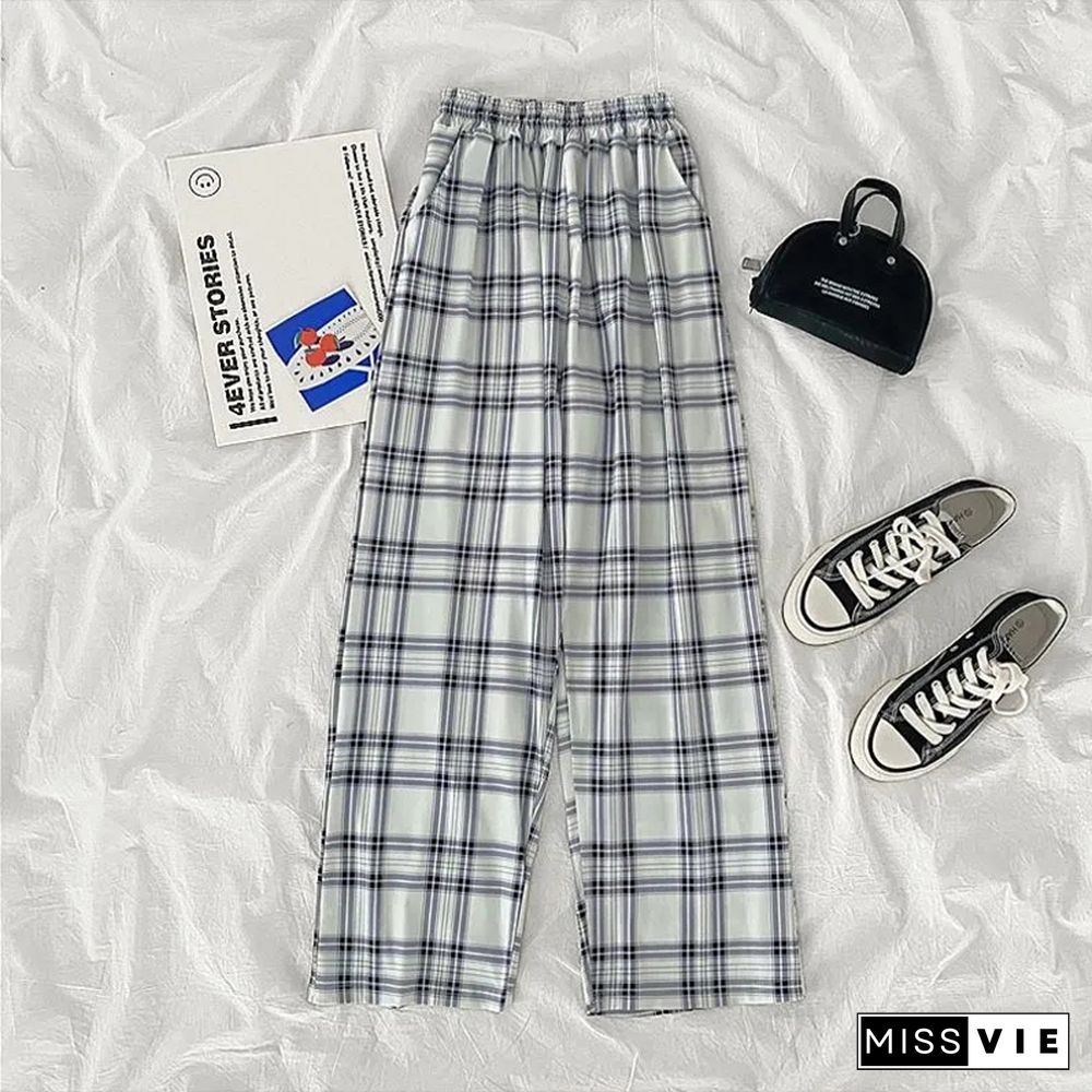 Vintage Harajuku Plaid Wide Leg Pants Summer Women High Waist Elastic Streetwear Pants Korean Loose Lady Straight Trousers