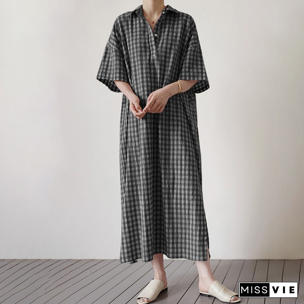 Women Half Sleeve Collared Kaftan Casual Grid Printed Button Down Plus Size Long Maxi Shirt Dress