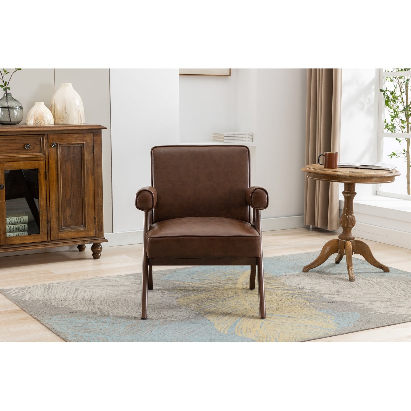 Leisure Chair with Solid Wood Armrest and Feet， Mid-Century Modern Accent chair， for Living Room Bedroom Studio chair