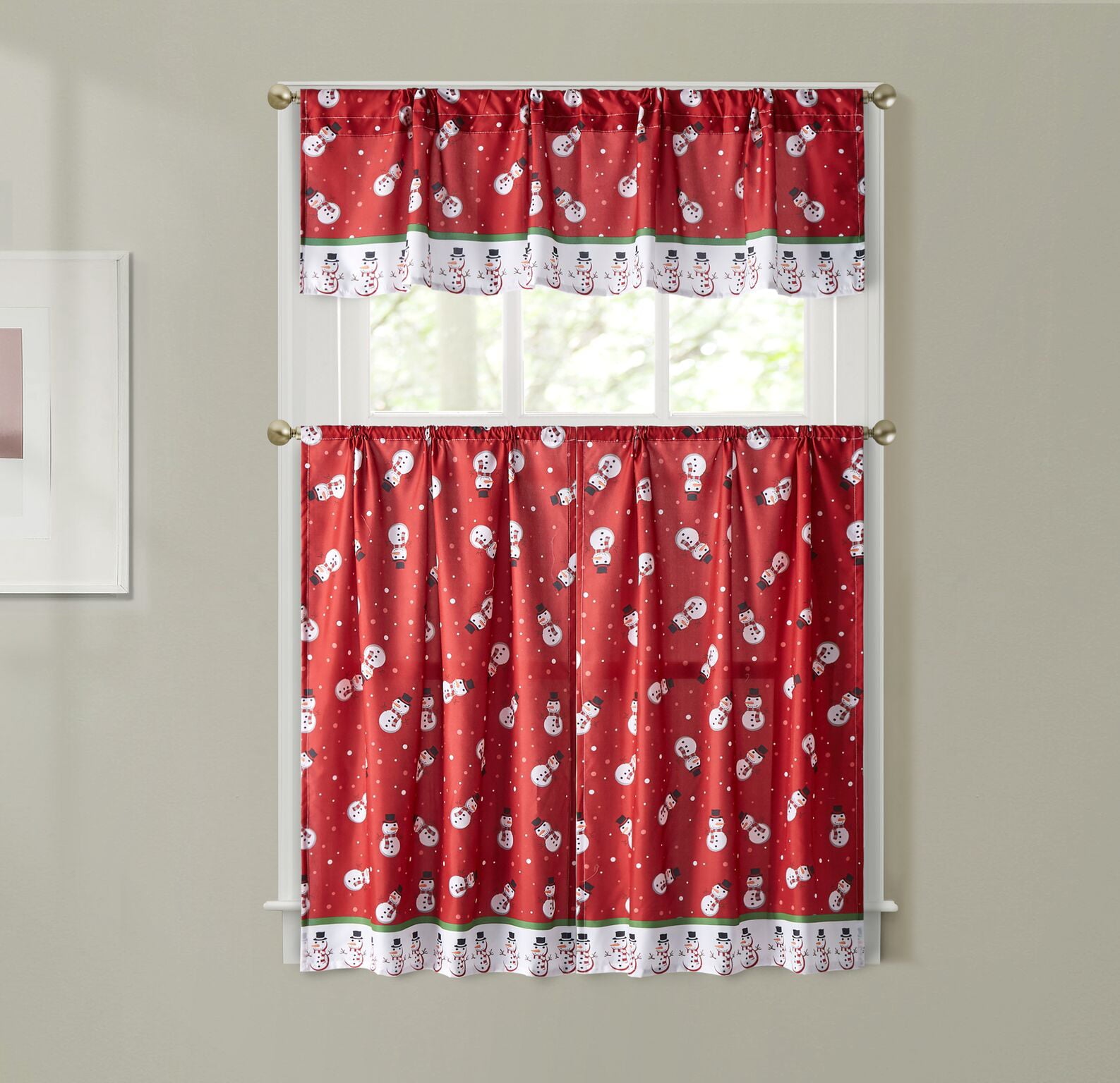 GoodGram Christmas Snowman Red Toss Semi Sheer Complete 3 Pc Kitchen Curtain Tier & Valance Set