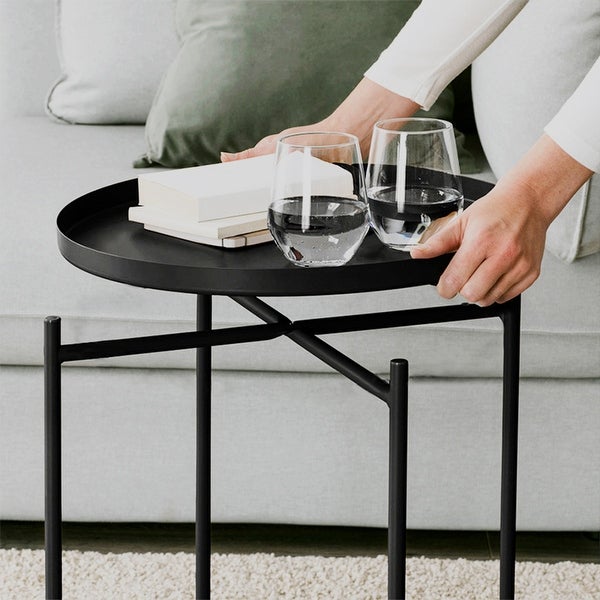 Round Wood Side Table with Storage， 2 Layer Black Metal Frame End Table