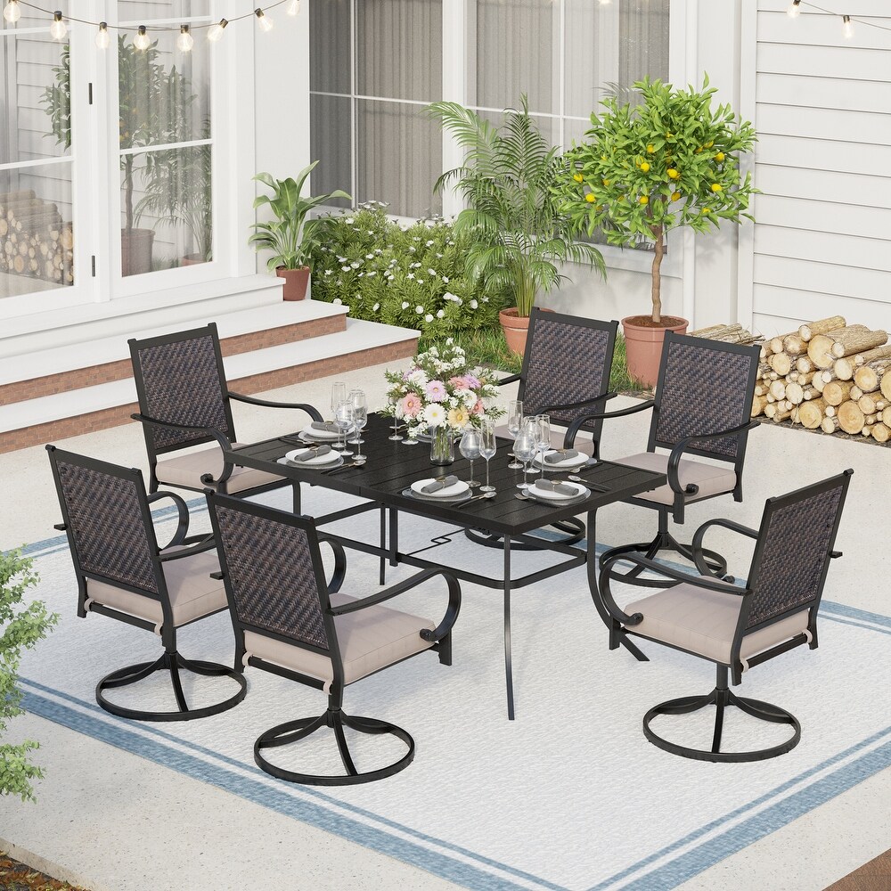 5/7 piece Patio Dining Set  4/6 Rattan Swivel Chairs with Cushion and 1 Metal Table with Umbrella Hole