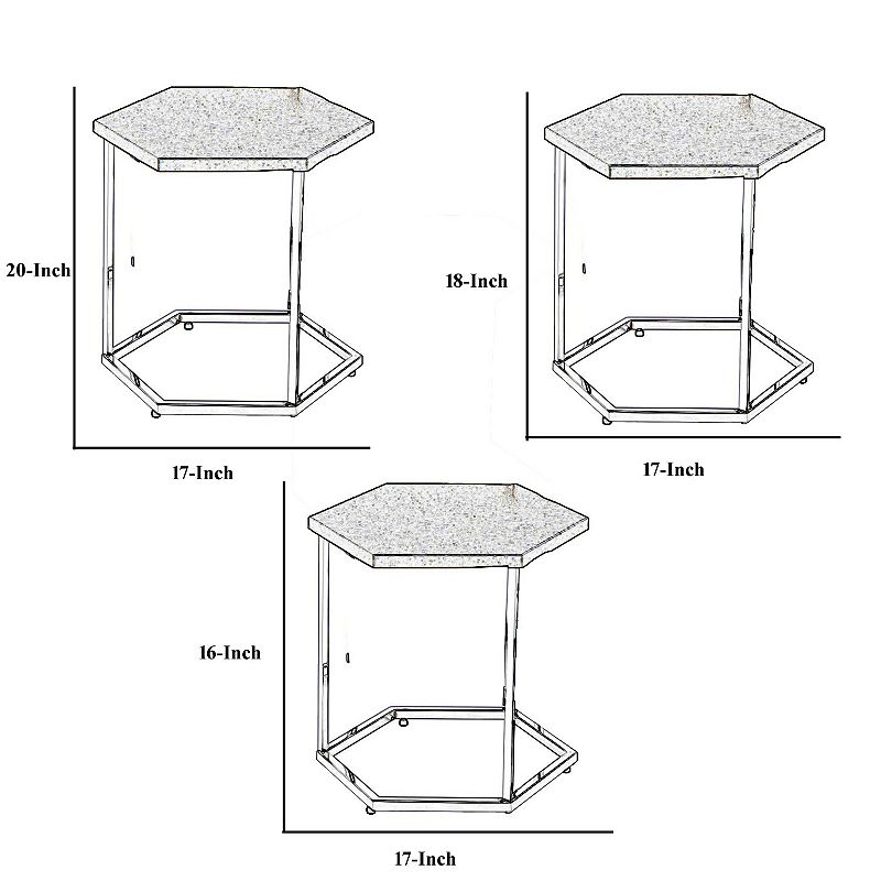 3 Piece Nesting Table with Hexagonal Shaped Metal Frame， Chrome