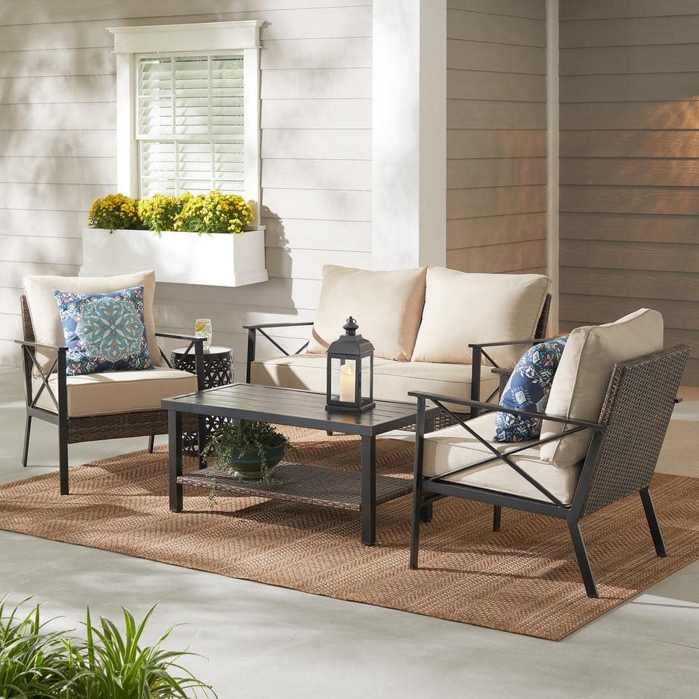 StyleWell Northport 4-Piece Wicker Outdoor Patio Deep Seating Set with Tan Cushions and Coffee Table 632