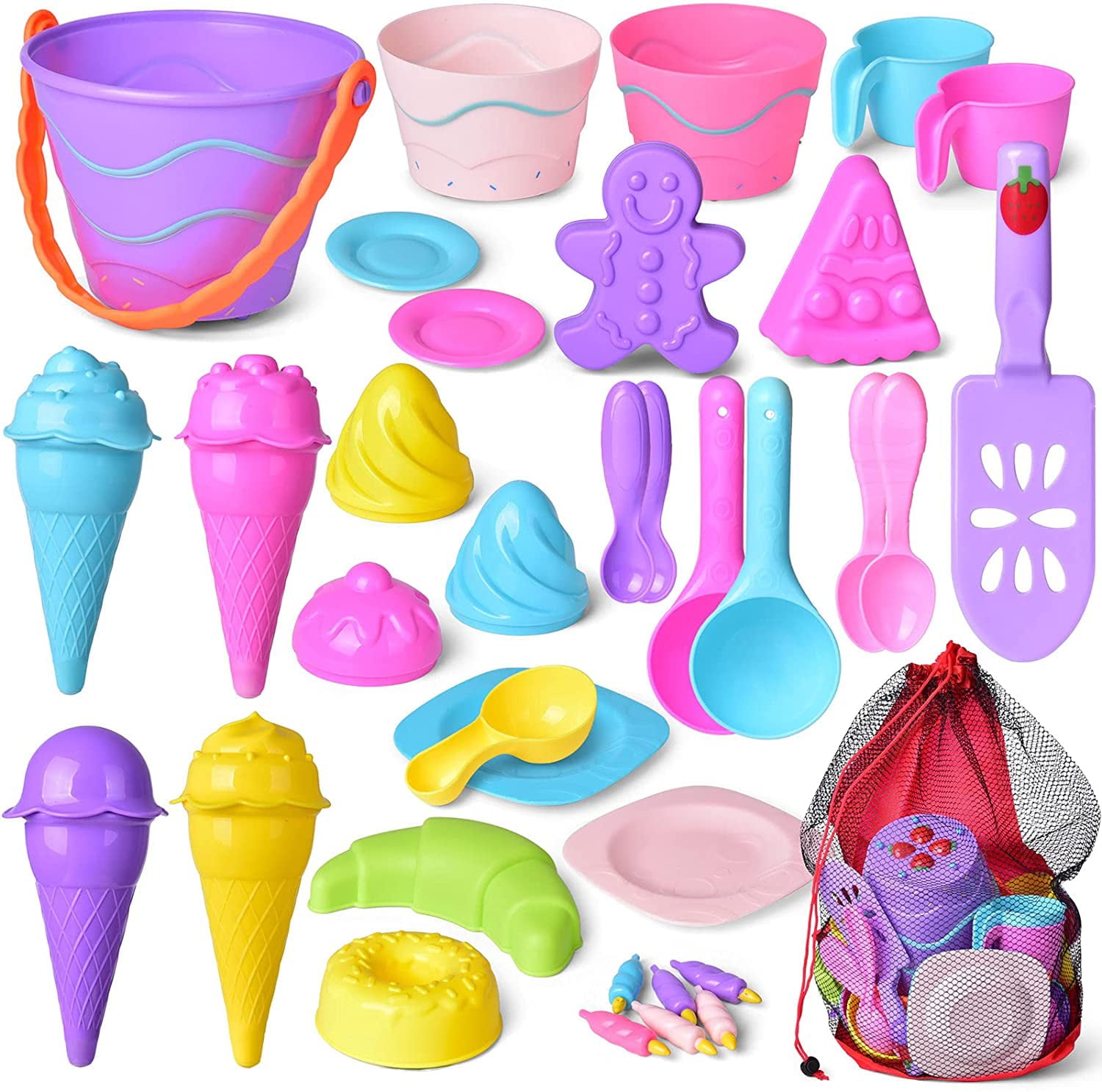 Fun Little Toys 38Pcs Ice Cream Beach Toys Sand Toys Set for Kids, Beach Toys Tools, Sand Shovels, Beach Bucket Birthday Gifts for Girls,Toddlers