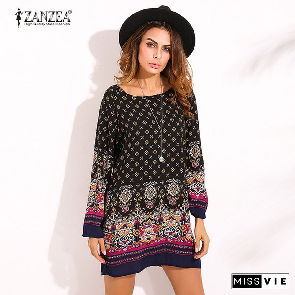 Zanzea Women Round Neck Floral Print Mini Dress Boho Ladies Casual Loose Long Tops Shirt Blouse