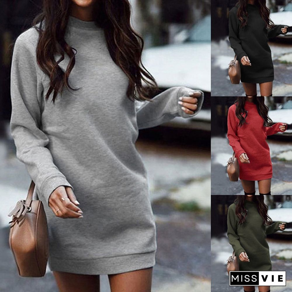 Autumn Winter New Women’s Fashion Long Sleeved Dresses Solid Color Round Neck Cotton Casual Pullover Dress