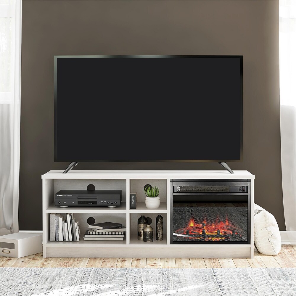 Ameriwood Home Nanton Asymmetrical 55 inch TV Stand with Electric Fireplace Insert and 4 Shelves