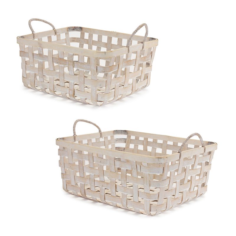 Woven Wicker Basket Tray With Handles (Set Of 2)