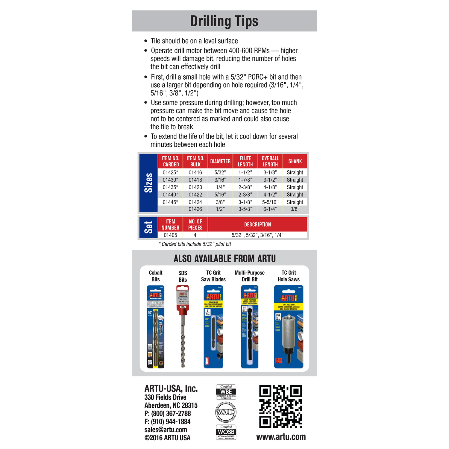 ARTU Porcelain Plus Tungsten Carbide Tipped Glass and Tile Bit Set 4 pc